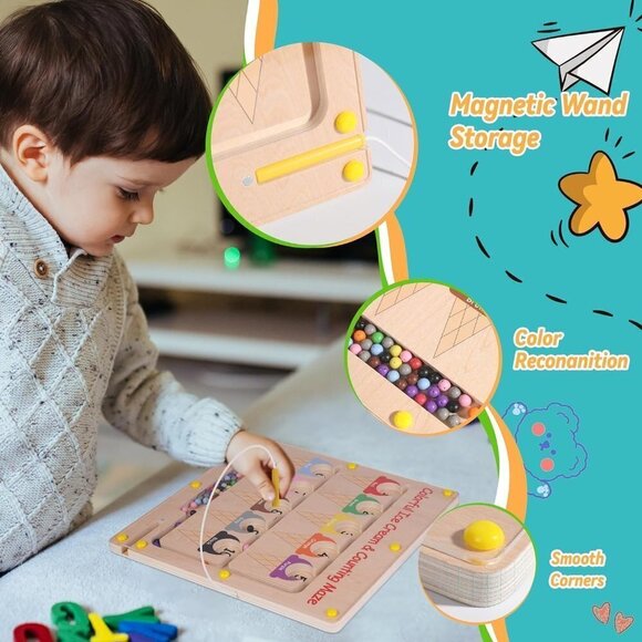 Magnetic Color and Number Maze Wooden Magnets Board Puzzle for Toddlers - Picture 2 of 8